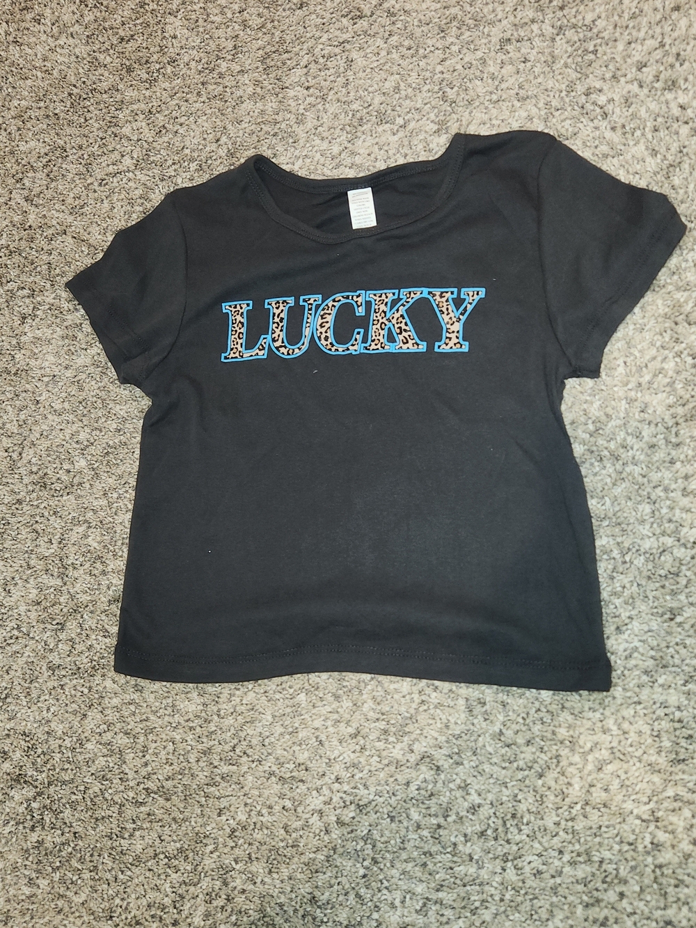 SHEIN Black Tee with Blue Leopard 'LUCKY' Graphic